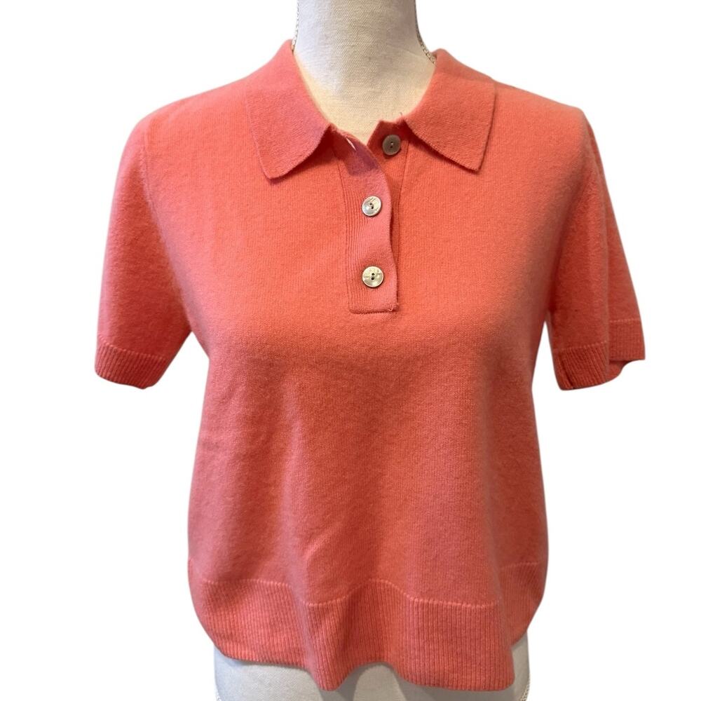 Tahari Cashmere Short Sleeve Polo Sweater Coral M